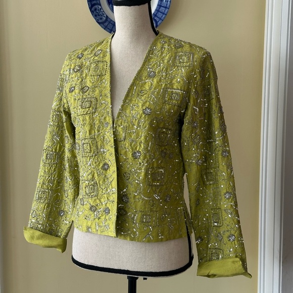 Chico's | Vintage 90s Silk Statement All Over Sequin Blazer, Chartreuse Green - Picture 1 of 9